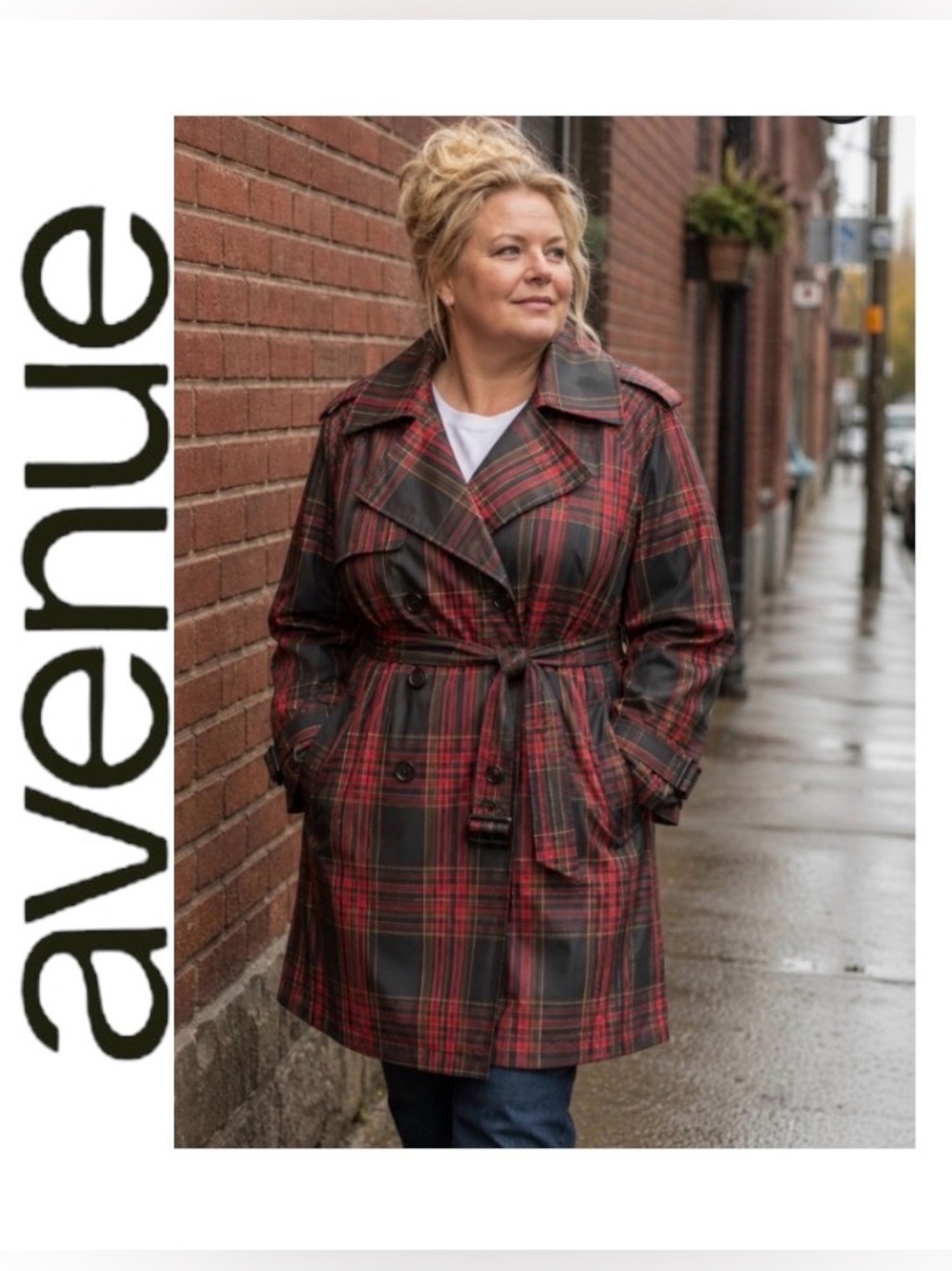 26/28 AVENUE Women’s Plus Plaid Double-Breasted Trench Coat with Belt